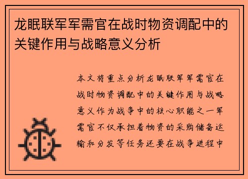 龙眠联军军需官在战时物资调配中的关键作用与战略意义分析